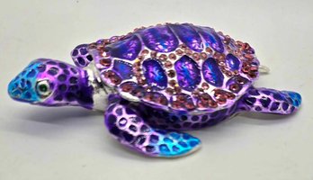 Crystal & Enameled Blue & Purple Turtle Trinket Box In Silvertone