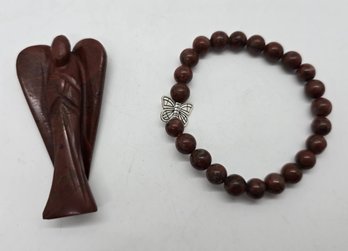 Hand Carved Red Jasper Guardian Angel With Matching Beaded Stretch Bracelet