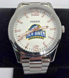 Vintage Fossil (new Haven Chargers) Watch In Silvertone With New Battery