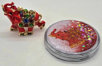 Multicolor Crystal, Enameled Elephant Keychain And Mirror In Goldtone