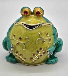 Adorable Enameled Green Frog Trinket Box In Goldtone