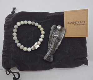 Hand Carved Labradorite Guardian Angel With Matching Beaded Stretch Bracelet