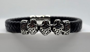 Leopard Bracelet In Black Leather & Black Oxidized Stainless Steel