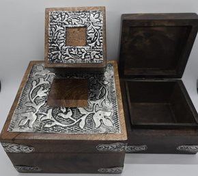Set Of Three Antique Burnt Finish Square Nesting Boxes With Aluminum Work