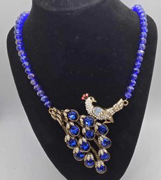 Simulated Blue Magic Color Topaz, Blue Austrian Crystal Peacock Necklace