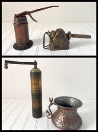 Van Pragg Little Wonder Torch, NY And Plews Oiler, Brass Pepper Mill & Copper & Silver Mug