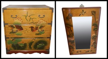 Japanese Lacquered Small Chest Of Drawers & Complementing Mirror
