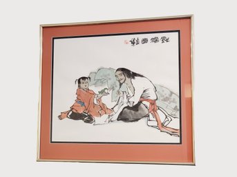 Framed Signed Chinese Watercolor - Man, Child With Frog