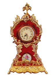 Ornate S. Limoges Louis XVI Style Red Floral Porcelain Painted Battery Operated Table Clock