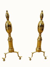 Pair Of Antique Solid Brass Fireplace Andirions With Cast Iron Log Holders