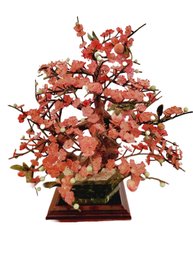 Stunning Vintage Large Pink Cherry Blossom Jade Agate Stone Bonsai Tree In Marble Base Planter