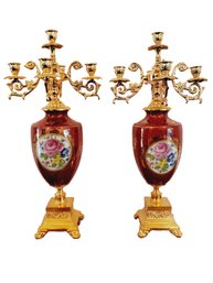 Beautiful Pair Of S. Limoges Louis XVI Style Red Floral Painted Candelabras