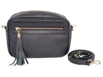 New Genuine Black Pebbled Leather Ladies Clutch Purse With Removable Strap And Fringe Accent-Made In Italy