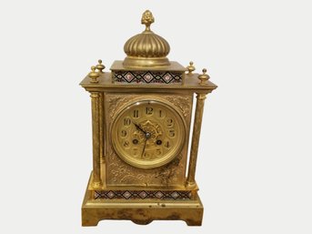 Antique Circa 1880 French Brass & Enamel Painted Clock By A D Mougin Deux Medailles With Key