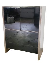Unique Vintage Contemporary Styled Mirrored Black Glass & Brushed Gunmetal Tall Bedroom Dresser