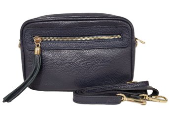 New Genuine Navy Blue Pebbled Leather Ladies Clutch Purse With Removable Strap And Fringe Accent-Made In Italy