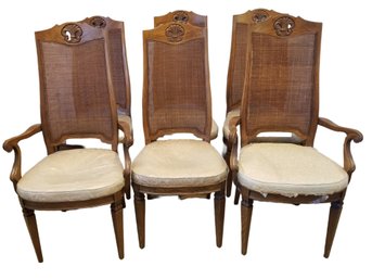 Six Vintage Mid Century Fancher Furniture High Back Caned & Upholstered Wood Dining Arm & Side Chairs