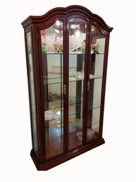 Dramatic Cherry Wood & Glass Lighted Arched Top Double Door Curio Cabinet