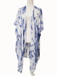 New One Size Fits All Tahiti Blue & White Tie Dye Open Kimono Beach Cover Up With Frayed Edges