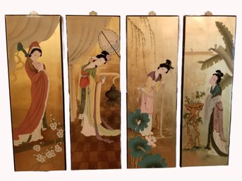 Vintage Geisha Girls Asian Oriental Wood Lacquer Painted Wall Panels Mother Of Pearl