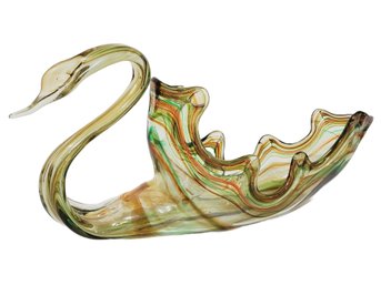 Dramatic Vintage Colorful Blown Art Glass Large Swan Centerpiece Bowl