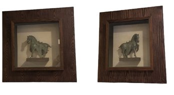 Pair Of Bronze Tang Dynasty War Horses In Wood Shadow Boxes