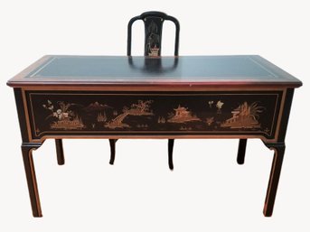 Vintage Sligh Chinoiserie Black Lacquer Desk Black Leather And Gold Tooled With Matching Chair