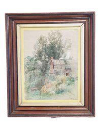 Antique 1850s Framed Signed Agnes Dean Abbatt Watercolor Farmhouse Countryside Scene