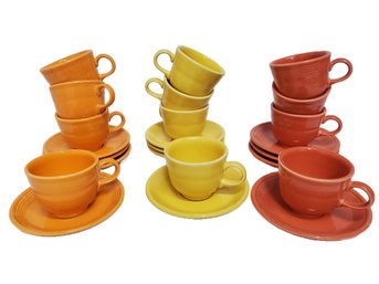 Set Of Twelve Homer Laughlin Co Fiesta Cups & Saucers - Orange, Red & Yellow