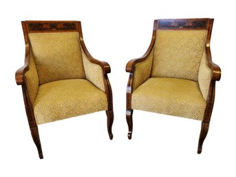 Antique Mid 1800s Wood Marquetry Inlaid Framed Italian Side Chairs-Reupholstered By Sahco