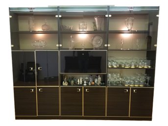 Vintage MCM Mobilia Black Laminate Glass & Brass Modular Wall Bar Liquor Cabinet Unit Lighted Display