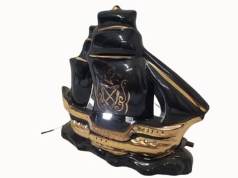 Vintage Ceramic Black & Gold Nautical Pirate Ship TV Lamp Circa 1950s