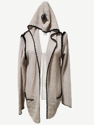 Ladies Autum Cashmere Hooded Beige Knit Cardigan With Black Trim - Size Large