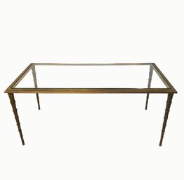 Vintage Mid Century Glass & Heavy Brass Coffee Table With Twist On Textured Brass Legs