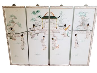 Vintage White Wood Lacquer Chinese Four Painted Relief Scene Wall Panels-Geisha Girls & A Temple