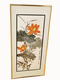 Signed Framed Chinese Lotus Flower Watercolor Painting