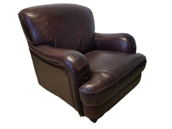 Brown Leather Comfy Chair With Brass Nailhead Accents