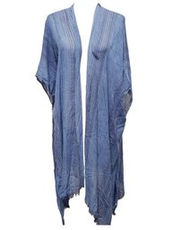 New Aruba Pencil Stripe Open Weave Kimono With Frayed Trim In Blue - One Size