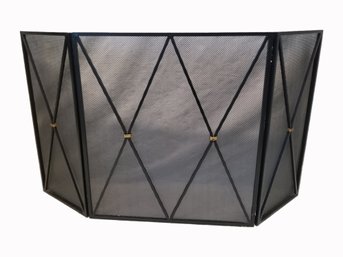 Modernist Enameled Iron Fire Screen With Brass Accents