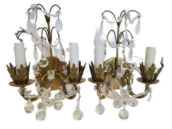 Pair Crystal, Glass & Brass Neoclassical Hollywood Regency Styled Ornate Wall Sconces