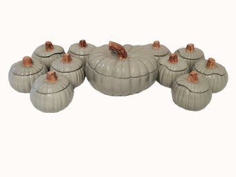 Willians Sonoma Green Sculptural Pale Green Ceramic Pumpkin Bowl Set