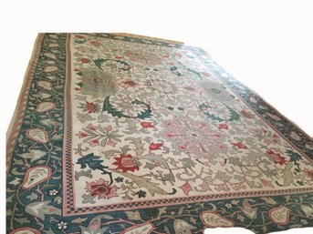 Vintage Hand Knotted Persian Turkish Large Area Rug Of Teal, Sage, Mauve, Pink, Cream 12' X 18'