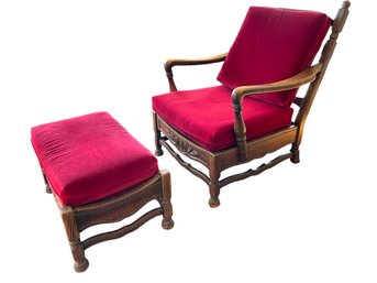 Vintage Feudal Oak Jamestown Lounge Co', Carved Oak Lounge Chair And Ottoman.