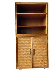 Mid-century Modern MCM Style,  Bamboo And Bamboo Weave Rolling China Cabinet.