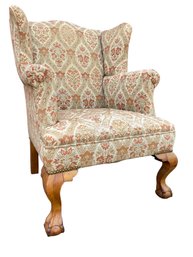 Antique Chippendale Style Wingback Chair With Ball And Claw Feet And Nailhead Trim.