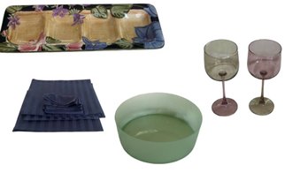 Serving Dish , Napkins , Frosted Glass Bowl And Wine Glasses