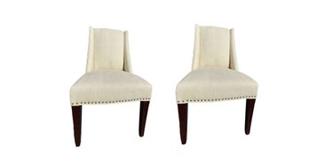 Pier One Imports - Pair -  Wingback Chairs With Creme Herringbone Fabric And Nailhead Accents.