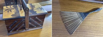 Antique Sewing Box Inlay 1930s Cuban ? Hair Comb Indonesia Bali, Wood Reeds And Woven Wire Hair Accessory