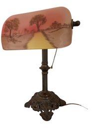 Antique Style Reverse Glass Painted Table Lamp, Artist Signed By K.J Javi.