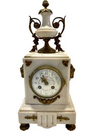 Antique French  Marble Mantel/table Ormolu Clock With Ram's Heads And Porcelain Dial.